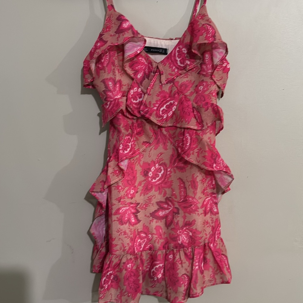 ZC Floral Pink & Tan Ruffle Mini Dress Women's Size Small Cottagecore - Picture 6 of 8